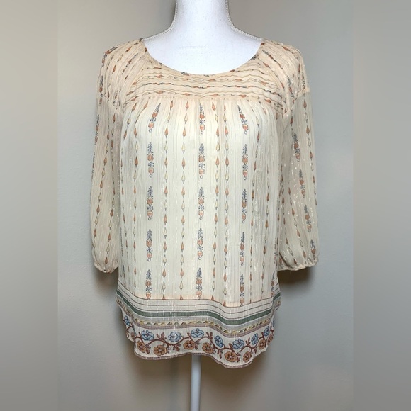 LC Lauren Conrad Cream Boho Floral Top Blouse 3/4 Sleeves Women Medium - Picture 2 of 8